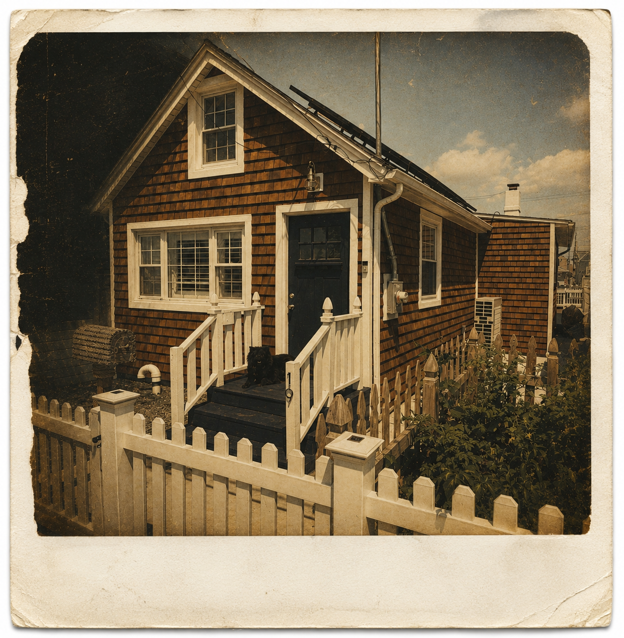 A weathered instant photograph of a cedar-shingled cottage with white trim, a black front door, wooden steps and a white picket fence, with a small black dog resting on the stoop